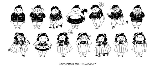 Childhood obesity. Collection of characters on the theme of overweight. Stop children's overeating. Girl and boy suffering from corpulence. Diseases of the gastrointestinal tract. Vector illustration.