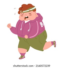 Childhood obesity. Overweight little boy runs for weight loss. Child suffering from hard sports training. Diseases of the gastrointestinal tract. Fat kid. Flat style in Vector illustration. 