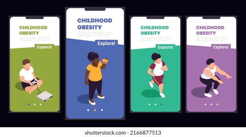 Obesidad infantil con conjunto de símbolos de problema y solución ilustraciones vectoriales aisladas isométricas