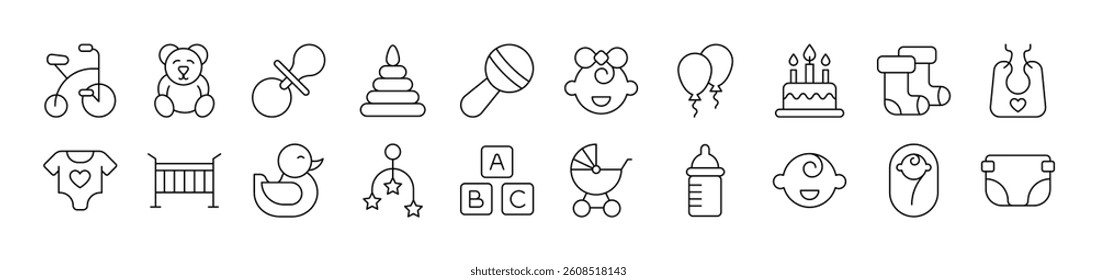 Childhood Outline Icon Collection. Editable Stroke. Perfect for Infographics, Articles, Books, Flyers, Banners