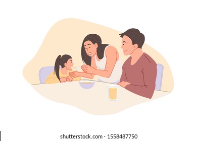 Childhood And Parenthood Concept. Young Happy Parents Mother, Father Feeding Their Preschool Daughter. Smiling Mom, Dad Watching As Child Eats Breakfast. Simple Flat Vector.