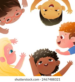 Childhood poster character design, multinational kids happy playing. Asian, African American and Caucasian children play together. Vector poster for kids or greeting card illustration design.