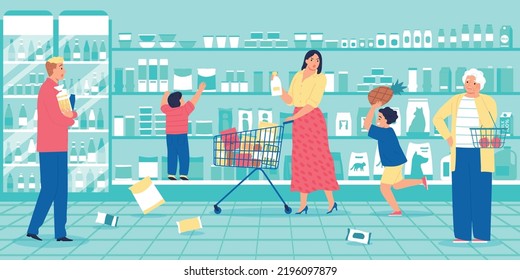 Childhood pranks bad behaviour flat background with angry mum and customers looking at children misbehaving in supermarket vector illustration