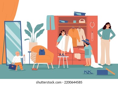 Childhood pranks flat background with angry mum and children trying on her clothes and jewellery vector illustration