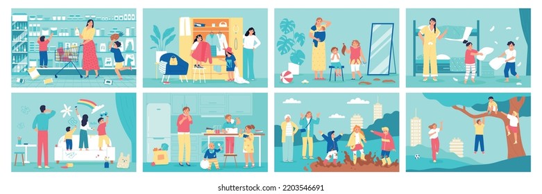 Childhood pranks set of flat horizontal posters with naughty playful children and angry parents in different situations isolated vector illustration