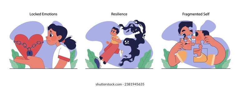 Childhood psychological trauma set. Emotional impact of traumatic events on kid mental health. Psychological disorder caused by physical and emotional abuse. Vector flat illustration