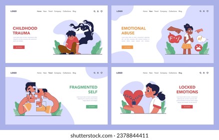 Banner de la web o página de inicio de un trauma psicológico infantil. Impacto de eventos traumáticos en la salud mental de los niños. Trastorno psicológico causado por abuso físico y emocional. Ilustración plana del vector