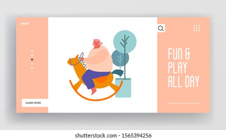 Childhood Recreation and Playing Activity Website Landing Page. Fat Woman Riding Baby Wooden Horse Toy Kids Development Kindergarten Elementary School Web Page Banner. Cartoon Flat Vector Illustration