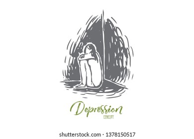 Childhood, sad, unhappy, kid, stress concept. Hand drawn isolated vector.