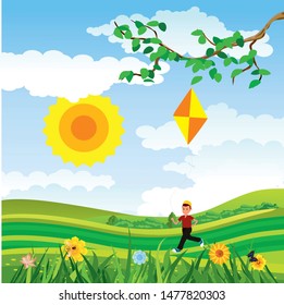 Childhood scene, children playing in the green meadow, vector countryside scene