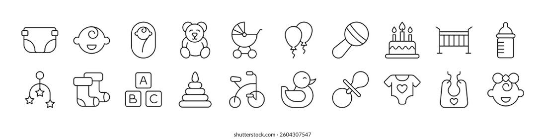 Childhood Simple Icon Collection. Editable Stroke. Perfect for Infographics, Articles, Books, Flyers, Banners 