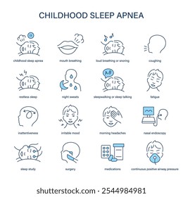 Sintomas de apneia do sono infantil, diagnóstico e conjunto de ícones vetoriais de tratamento. Ícones médicos.