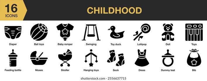 Childhood solid icon set. Includes swinging, toy duck, lollipop, doll, sock, dress, dress, and More. Solid icons vector collection.