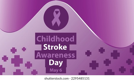 Tag des Schlaganfalls-Bewusstseins der Kindheit Vektorbanner-Design mit violettem Bandsymbol, Typografie, Farbverlauf-Hintergrund, medizinischem Cross-Icon-Muster und violetter Farbpalette. Tagesposter für Schlaganfall bei Kindern.