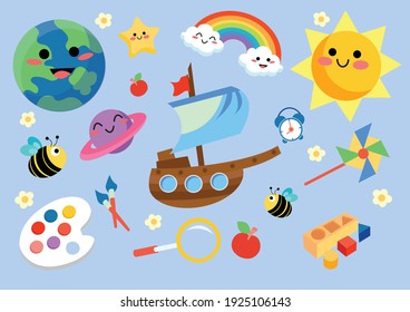 childhood stuffs and colourful nature things cartoon