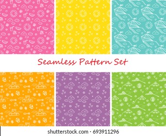 Childhood. Summer vacation Seamless Pattern Vector Set. Hand drawn doodle Beach Toys, Sky, Sun, Sweets, Kite. Colorful Background for kids. Children's wallpaper. 