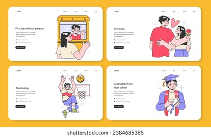 Childhood and teenager years web banner or landing page set. Life milestones. Little boy getting old and gain new experience. Flat vector illustration