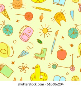 Childhood theme colorful doodle seamless pattern with sweets, books, bicycle and other children's stuff. Hand drawn background for your design.