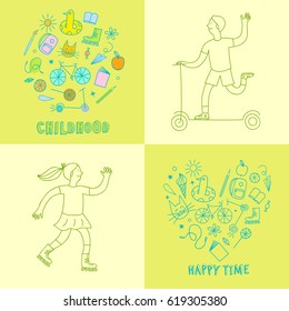 Childhood theme colorful doodle set with kids and elements: sweets, books, bicycle and other children's stuff. Hand drawn illustration for your design.