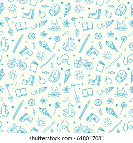 Childhood theme doodle seamless pattern with sweets, books, bicycle and other children's stuff. Hand drawn background for your design.