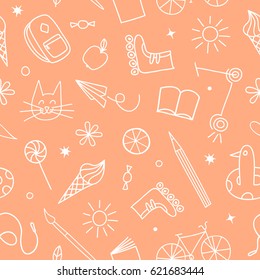 Childhood theme doodle seamless pattern with sweets, books, bicycle and other children's stuff. Hand drawn background for your design.