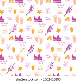 childhood theme seamless pattern with cute baby foot prints and abstract elements, palm leaves and geometric figures on white background, endless texture for nursery textiles or scrapbook