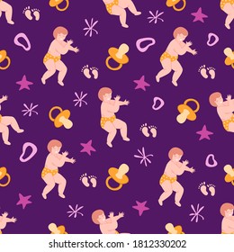 tema infantil patrón sin fisuras - bebé o recién nacido, pezón, huellas de pies, hojas y elementos abstractos sobre fondo morado oscuro, textura interminable para textil infantil - ilustración vectorial