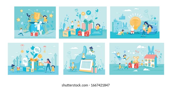 Childhood themed Abstract Vector Illustrations Set. Little Preschoolers, Playful Toddlers Cartoon Character. Different Compositions with Happy Children. Childcare and Shopping Sale Concepts Pack