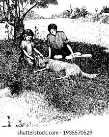 Childhood, this scene shows a little girl kept head of animal on her lap, and boy sitting near her on grass, tree behind them, vintage line drawing or engraving illustration