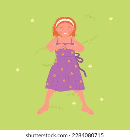 Childhood top view concept. Happy cute red hair girl lying on carpet grass in park or garden, top view vector illustration