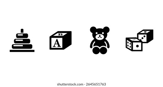 Childhood toys icon set with bear blocks dice rings vector illustration for kids fun and educational play.