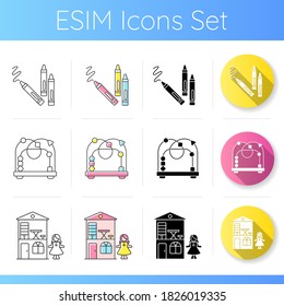 Childhood toys icons set. Bead maze toy. Wax pencils for drawing. Miniature playhouse with doll. Educational toys for kids. Linear, black and RGB color styles. Isolated vector illustrations