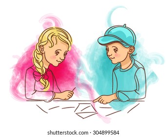 Childhood training. Friendship. A boy and a girl. Figure. Sketch. Shyness.