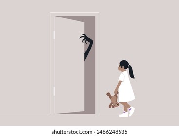 Childhood trauma, A young girl walks to an open door, holding a teddy bear, as a fearsome monster hand emerges from the darkness