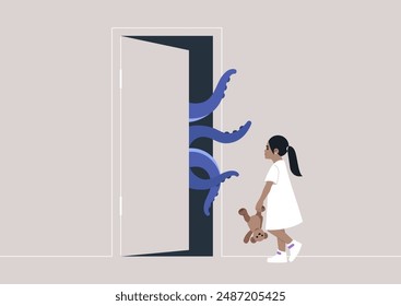 Childhood trauma, A young girl walks to an open door, holding a teddy bear, as a fearsome monster with tentacles emerges from the darkness