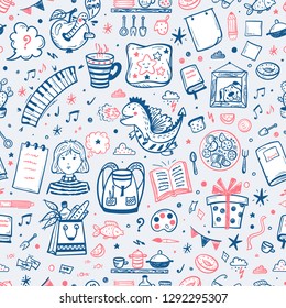 Childhood Vector Background. Seamless Pattern with Hand Drawn Doodle Various Item Icons for Kids. Back to School Wallpaper.
