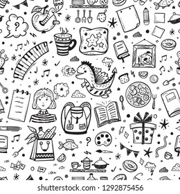 Childhood Vector Background. Seamless Pattern with Hand Drawn Doodle Various Item Icons for Kids. Back to School Wallpaper.