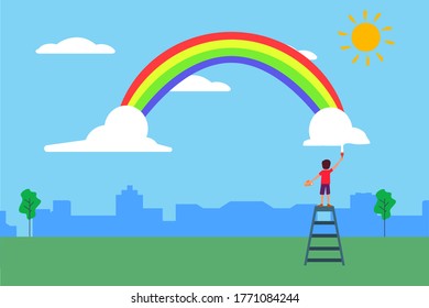 Childhood vector concept: back view of unidentified boy painting the rainbow at the green field