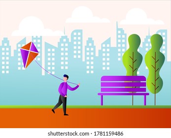 Childhood vector concept: boy playing with a kite at the city park