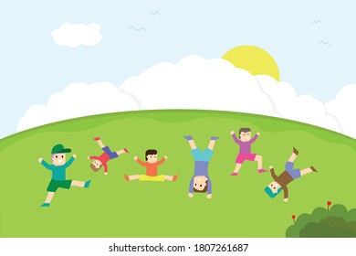Concepto de vector infantil: grupo de niños felices jugando activamente en las verdes colinas