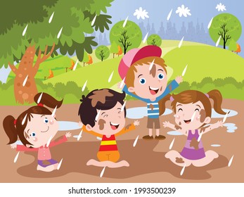 Childhood Vector Concept. Group Of Happy Kids Playing At Rainy While Standing In The Puddle With Mud