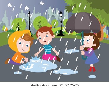 Childhood vector concept. Group of happy kids playing with paper boat on the puddle while enjoying leisure time in the rain