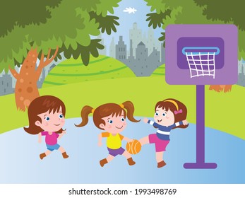 Concepto de vector infantil. Grupo de niñas pequeñas jugando baloncesto en la cancha durante el verano