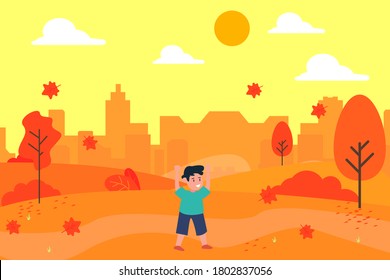 Childhood vector concept: Happy boy playing at the park during autumn