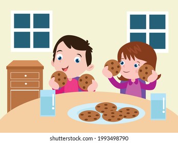 Childhood vector concept. Happy siblings eating cookies while sitting in dining room at home