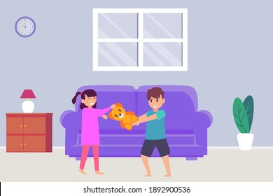 Childhood vector concept: Little boy grabbing a doll from his little sister while standing at home