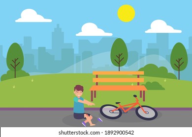 Childhood vector concept: Little boy falling from his bicycle while crying in the park