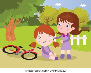 Childhood vector concept: Sad little girl falling from her bicycle while helped by her sister at the park