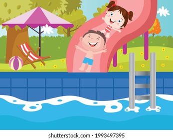 Childhood vector concept. Two kids looks happy while sliding down in the water slide and having summer vacation in the swimming pool