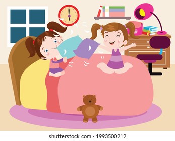 Childhood vector concept. Two little girl playing pillow fight while having fun together in the bedroom at home